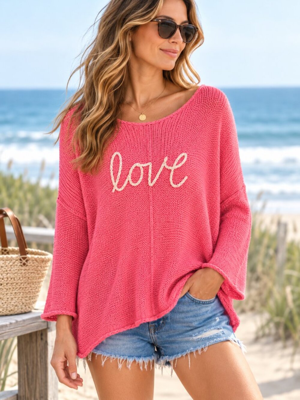 Wooden Ships Key West Love Oversized Knit Sweater Pink Cotton Blend M/L